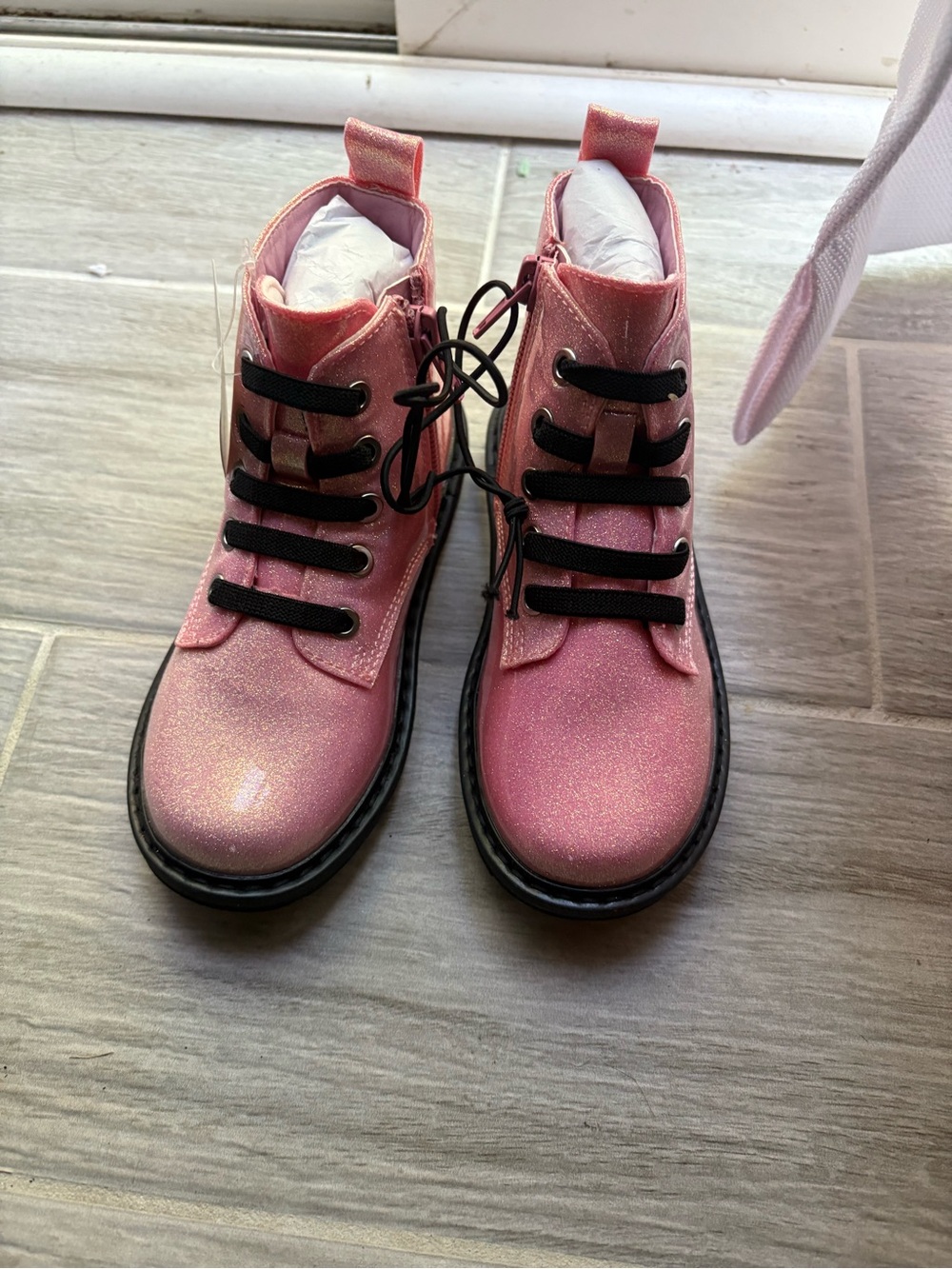 Girls' Shimmer Lace-Up Pink Ankle Boots with Side Zip